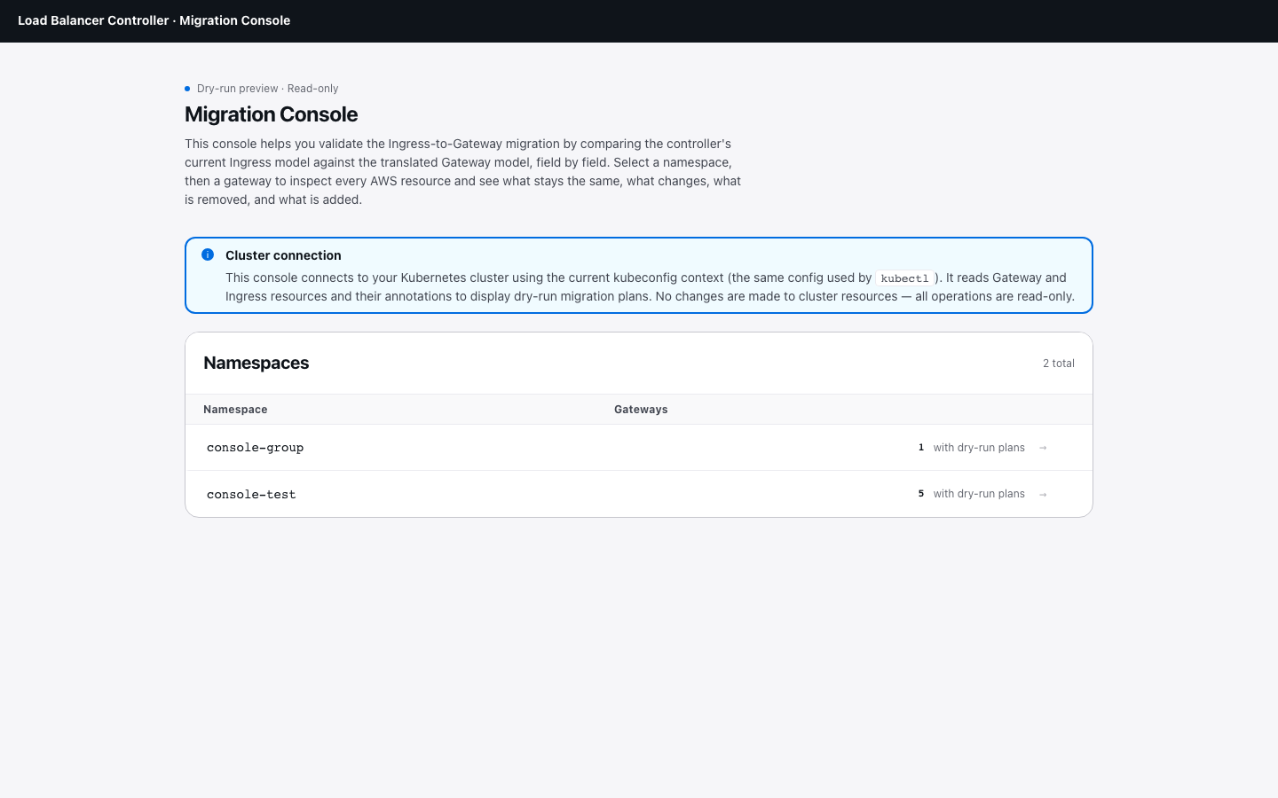 Landing page showing namespaces with dry-run plans