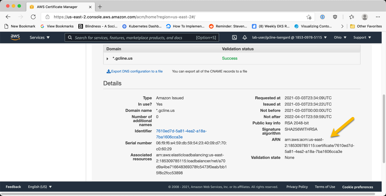 screenshot indicating location of ARN value in web console