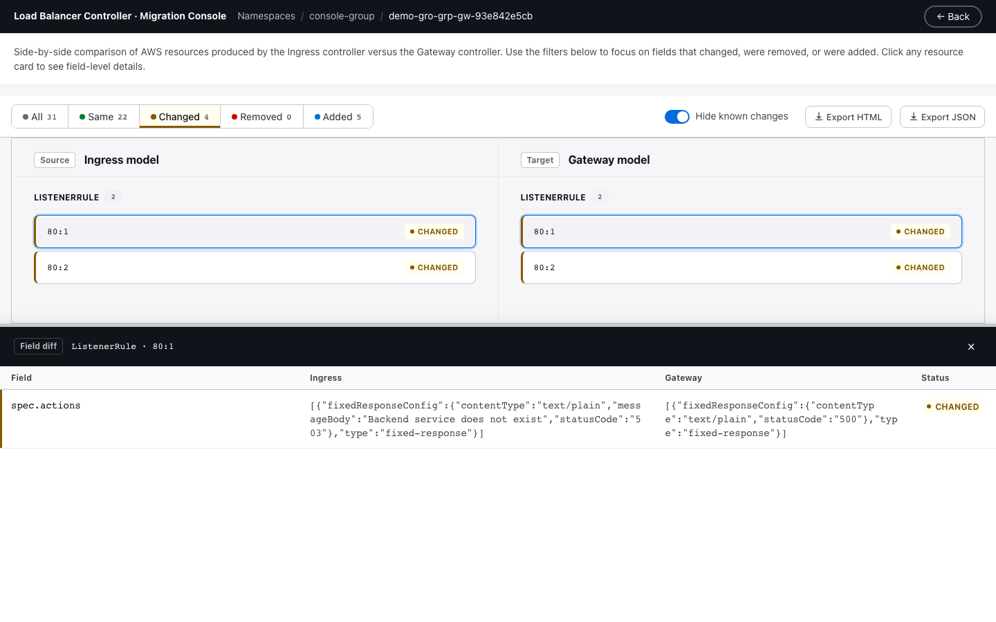 Comparison view with filter controls and resource columns